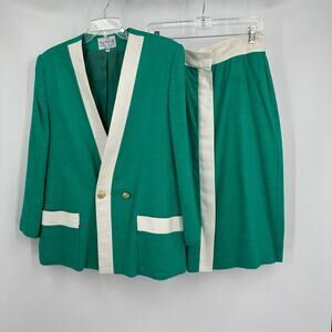 Vintage Gay Boyer Womens Skirt Set Size 14 Green White Flax Blend Office Career